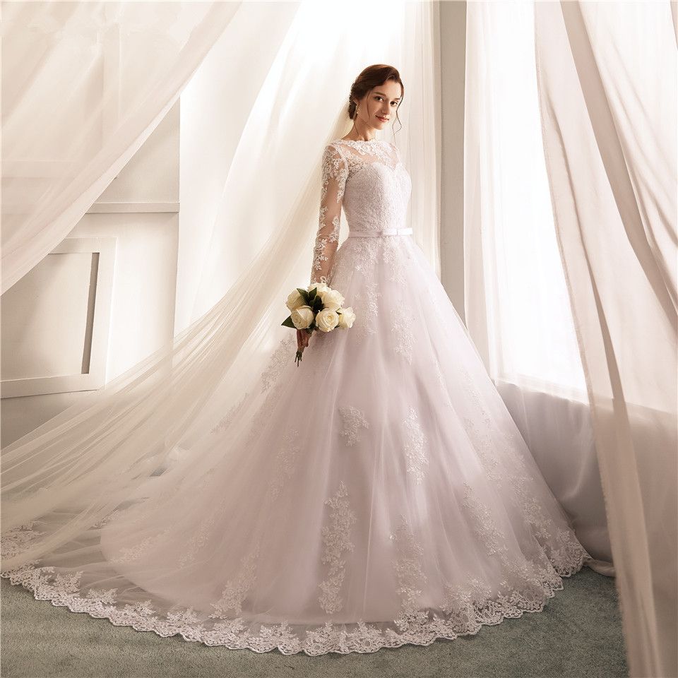 Robe De Mariage Lace Long Sleeves Ball Gown Wedding Dresses 2019 White Ivory Wedding Gowns Vestidos De Novia Long Sleeve Dresses Plus Size Wedding