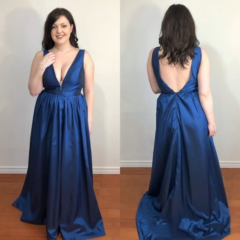 Simple Navy Blue Prom Dresses Plus Size Deep V Neck Backless A Line Formal Evening Gowns Cheap 