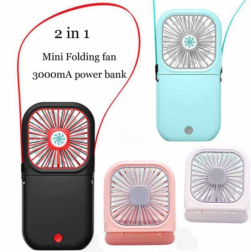 2020 2 In 1 Power Bank Foldable Cooling Fan Folding Hanging Neck Fan Mini Handheld Desk Air