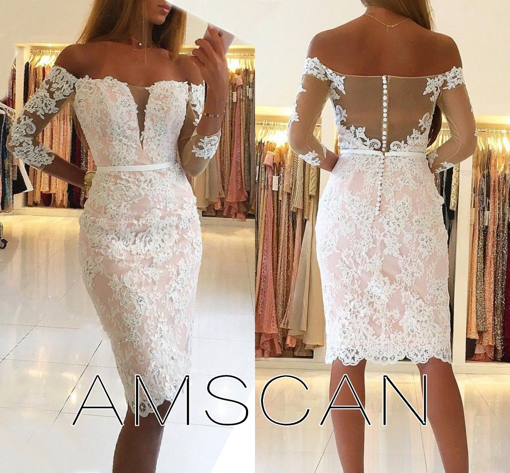 2020 Pink Long Sleeve Short Evening Dresses Off The Shoulder Lace Appliques Formal Evening Gowns Knee Length Beaded Sparkle Party Prom Dress Evening Dresses Lebanon Evening Dresses Petite From Amscan 105 03 Dhgate Com