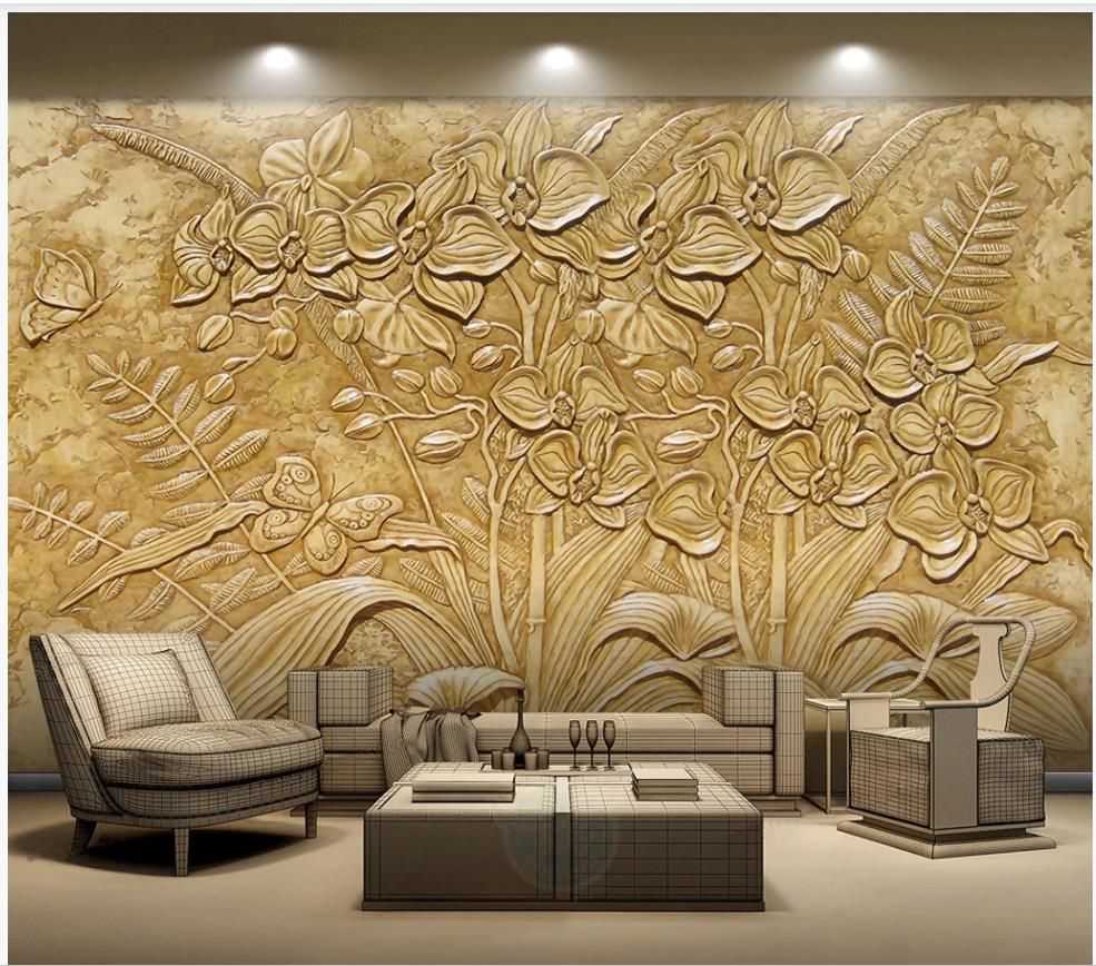 Custom 3d wallpaper classic painting wallpaper 3D stereo relief orchid  butterfly background wall decoration painting