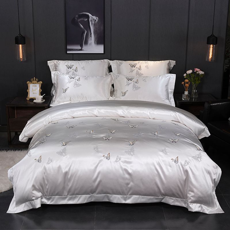 White Silver Silk Cotton Luxury Butterfly Bedding Set Queen King