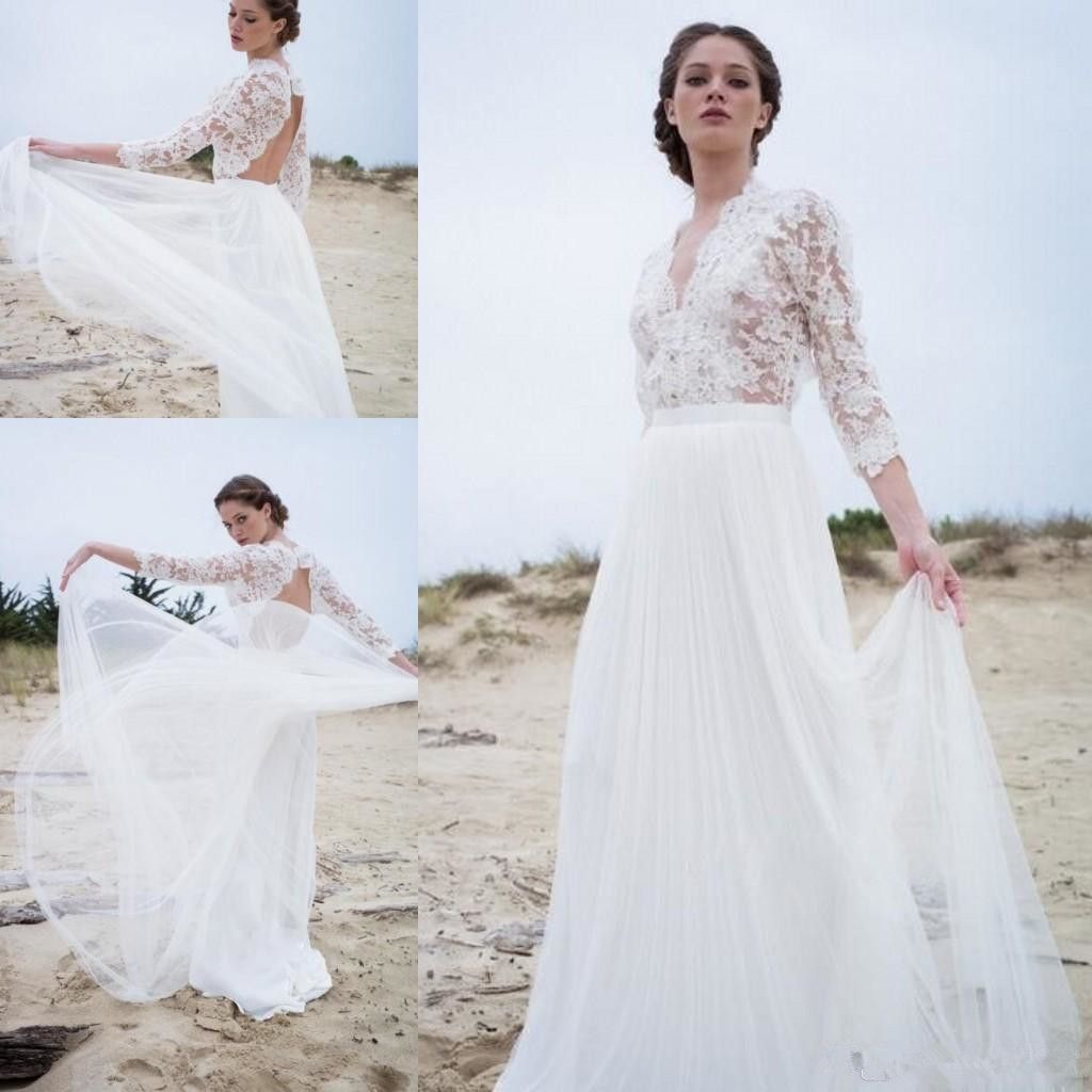 Acheter Simple Une Ligne Robes De Mariée Illusion Dentelle Haut 34 Manches Longues Col En V Dos Nu Moderne été Bohème Plage Robes De Mariée De
