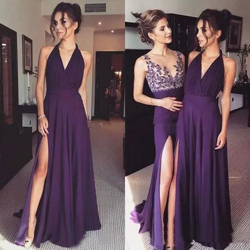 Gasa púrpura halter escarpado con cuello V vestidos de dama 2019 atractivo largo lateral abierto