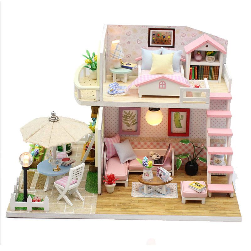 Kids Girls Diy Doll House Wooden Villa Doll Houses Miniatures