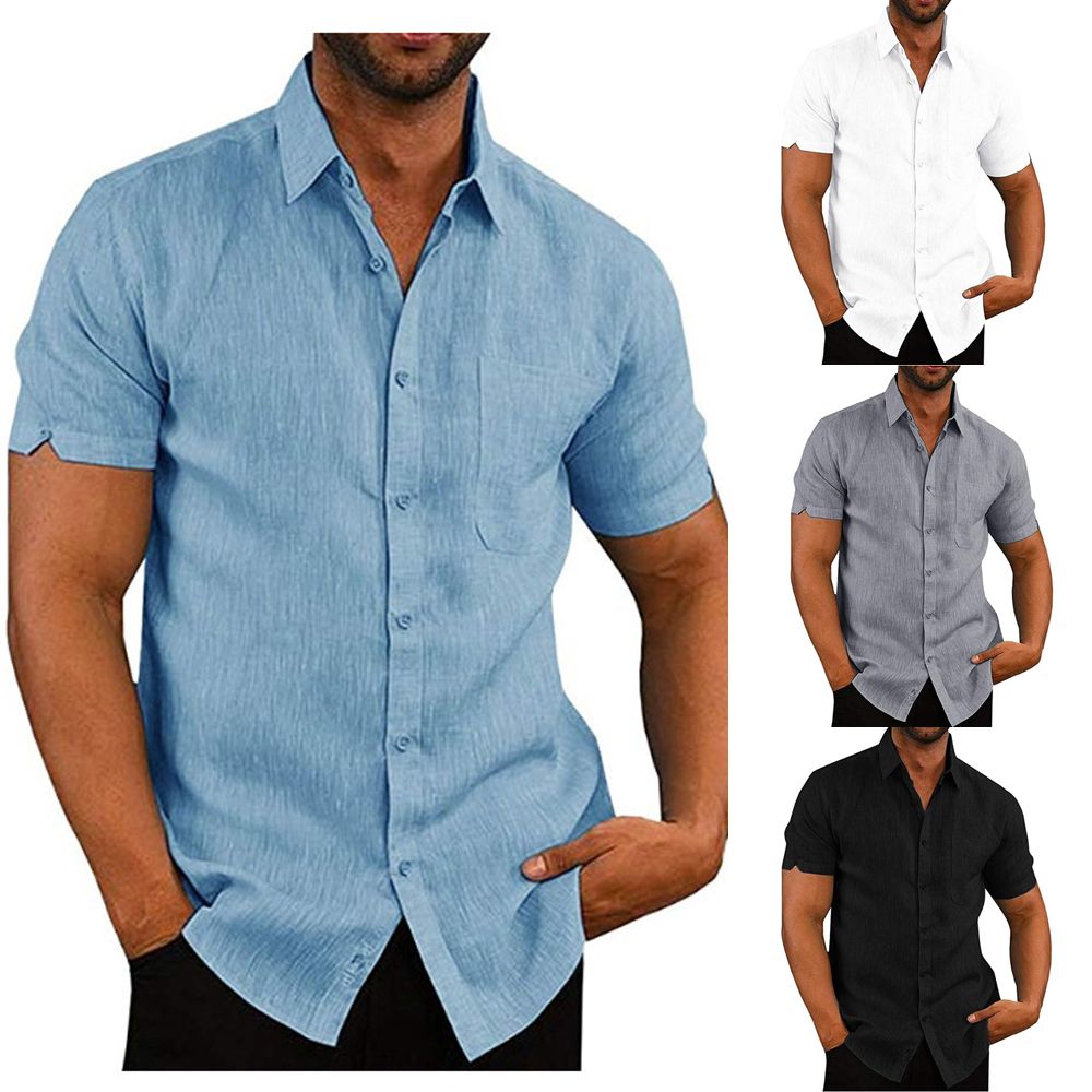 Camisas lisas de verano de manga corta de lino para hombres Vestido suelto  casual Camiseta de