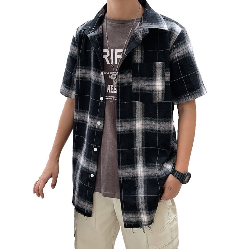 2020 Man Plaid Loose Short Sleeve Shirt Summer Korean Leisure