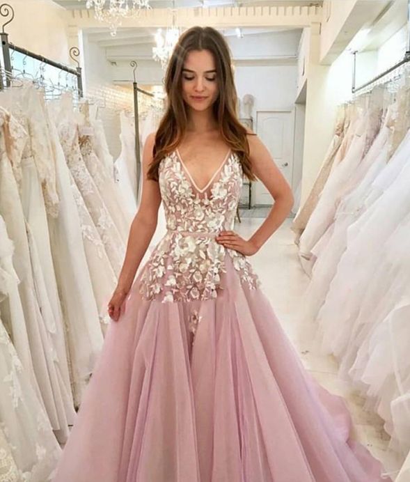 Hermosos vestidos de fiesta largos con cuello en V Juniors Encaje floral sin mangas Rosa 2020 Hermosos vestidos de fiesta largos con cuello en V Juniors Encaje floral sin mangas Rosa 2020