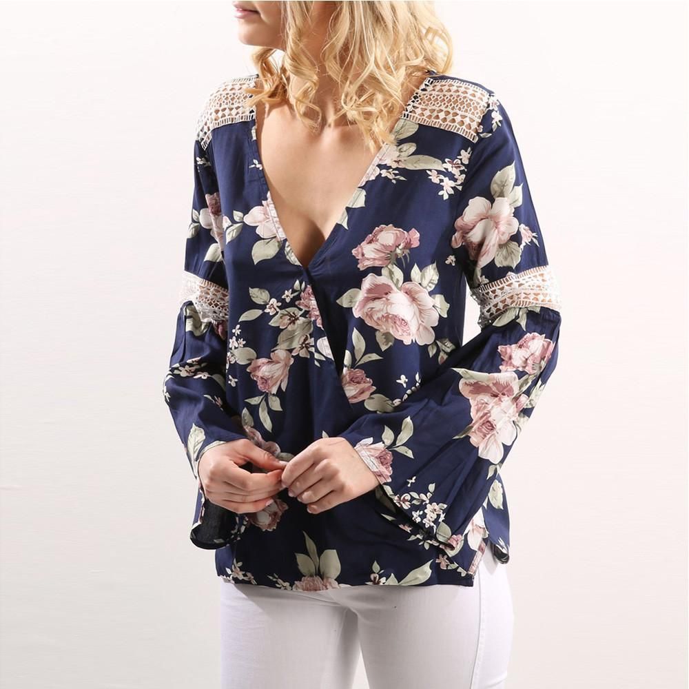 2020 Kimonowomen Blouses Lace Stitching Flower Print Autumn Blouse Long Sleeve Deep V Neck Blouse Crop Tops Chemise Femme From Bearren 13 27 Dhgate Com
