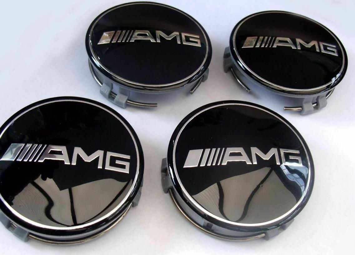 4 Mercedes Wheel Centres Hub Caps 75mm Top Quality Embossed Logo Black & Silver 