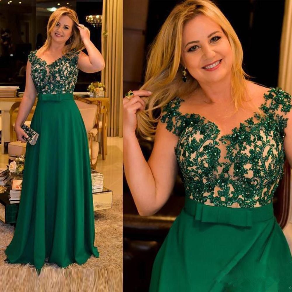 Elegante verde Una línea para madre de la novia Sheer Cuello apliques Vestido