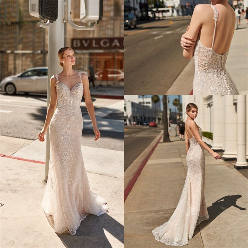 2020 Mermaid Wedding Dresses Spaghetti Strap Sweetheart Appliqued Lace