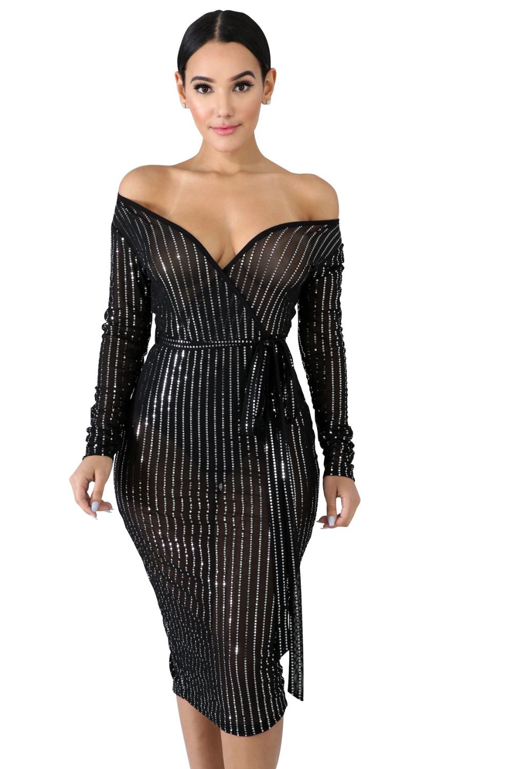 bodycon off shoulder dress with plunging neckline