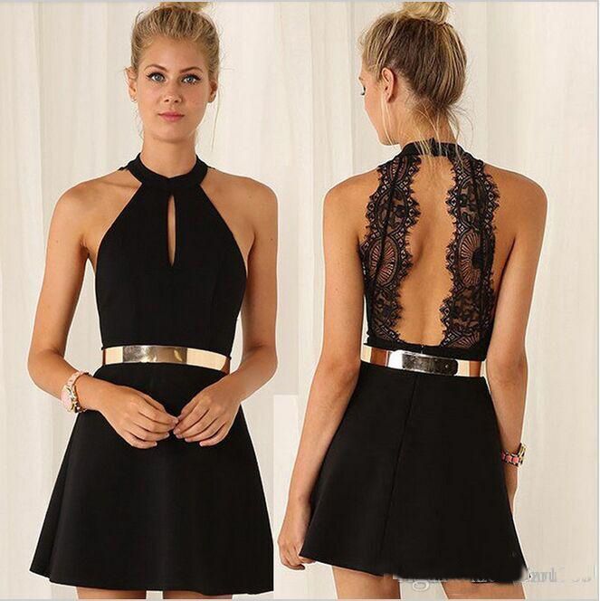 Black Semi Formal Dresses Short 2020 Newest A Line Black Halter Lace ...