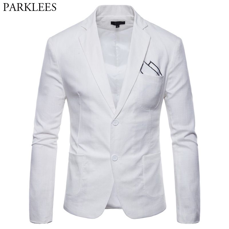 2020 White Cotton Linen Lightweight Suit Jacket Men 2019 New Slim