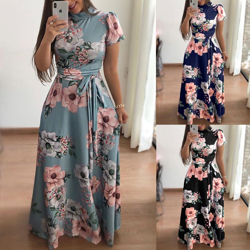 Mujeres Maxi Largo 2019 Verano Estampado Boho Vestido de playa Casual Manga