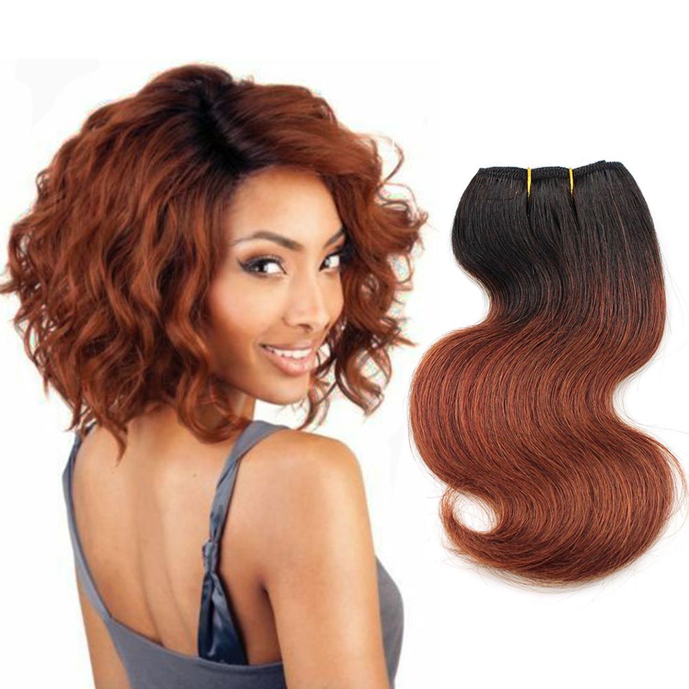 8 Inch Ombre Brown Human Hair Body Wave Weave Brazilian Bob Curly Wave 3  Bundles T1B/33 Two Tone Hair Color Short Hairstyles