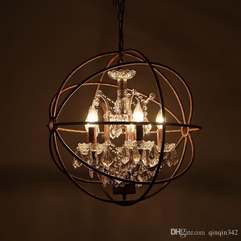 Retro Vintage Rust Iron Cage Chandeliers E14 Big Style Crystal