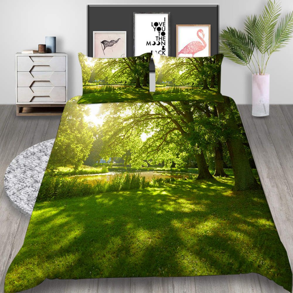 Juego cama con estampado de paisajes naturales Realista Forest Sunlight Funda Queen 3D