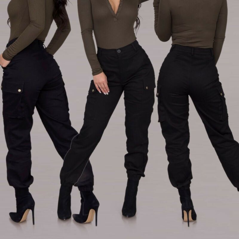 Pantalones para mujer Capris 2021 Mujeres Carga Estilo femenino negro con bolsillos laterales Alto