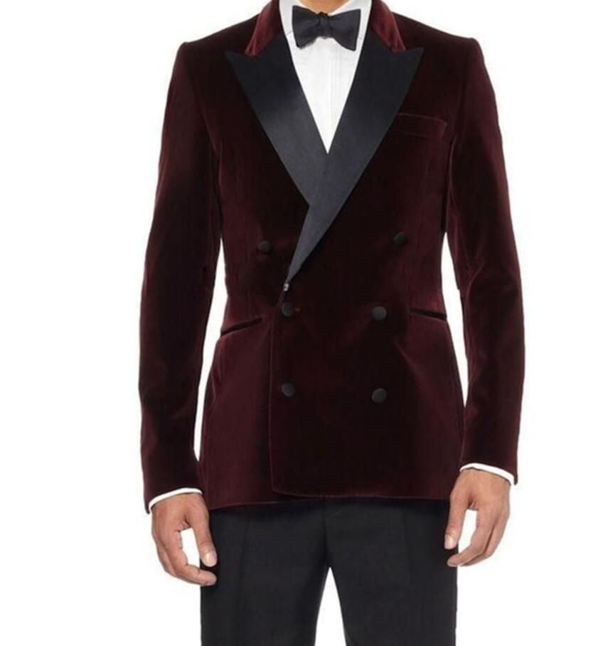 XLY Double Breasted Dark Red Velvet Groom Tuxedos Groomsmen Mens