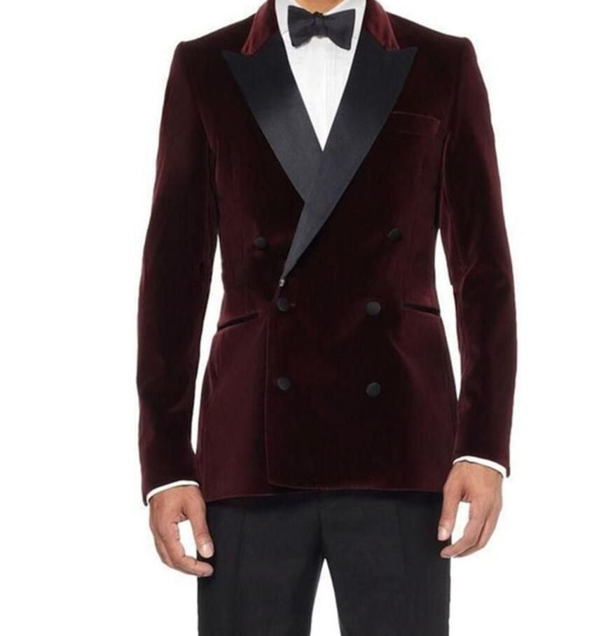 XLY Double Breasted Dark Red Velvet Groom Tuxedos Groomsmen Mens ...