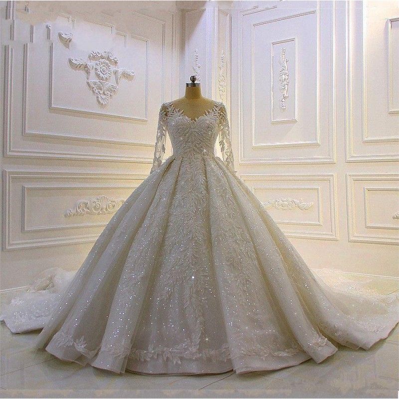 Quality Long Sleeve Pearls Beaded Lace Big Ball Gown Wedding Dresses In Dubai Luxury Long Tail From Dress_1st, $623.12 | DHgate.Com