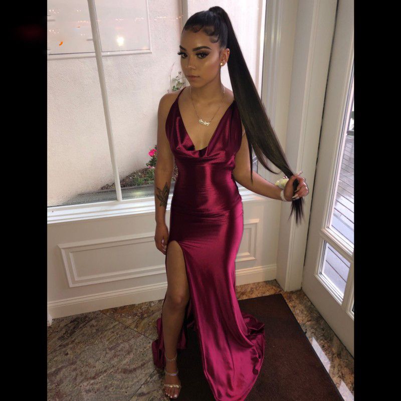 Burgundy Satin Prom Dresses Long V Neck 