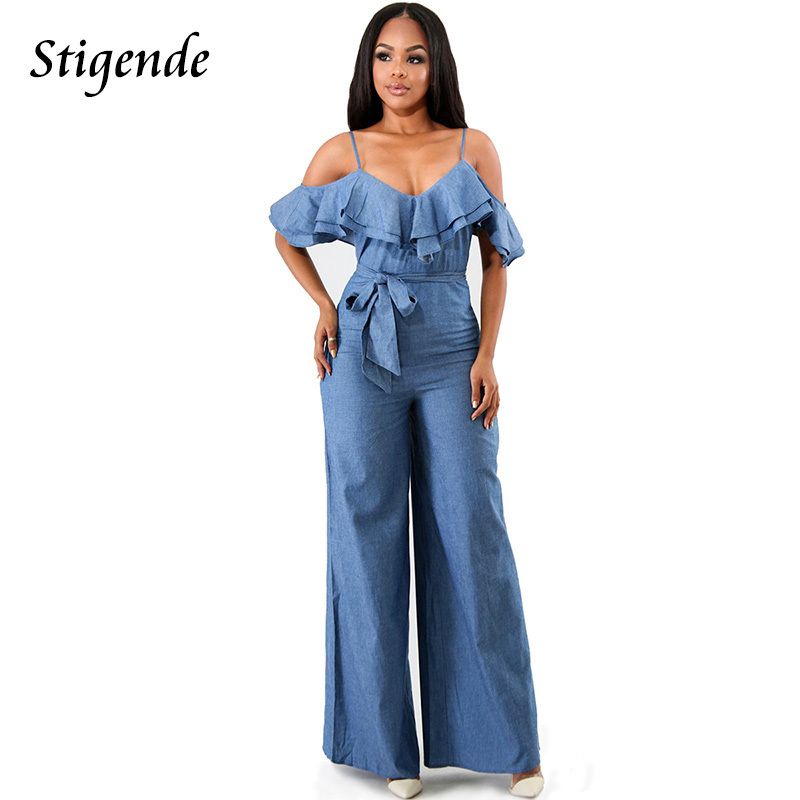 spaghetti strap denim jumpsuit