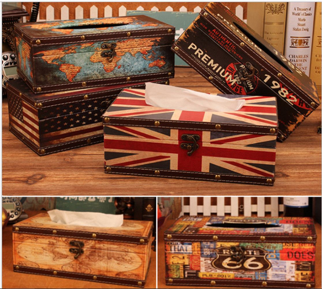 Antique Wooden Tissue Box Cover Retro Napkin Paper Towel Holder Case Home Decor