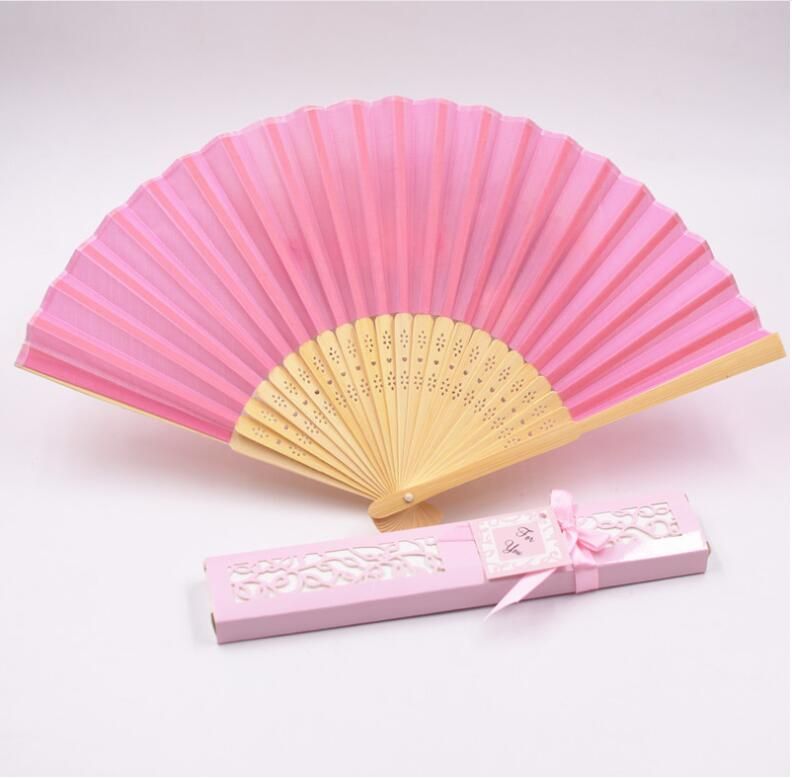 Chinese Silk Bamboo pink Flower Folding Pocket HAND FAN Wedding Favor Party Gift 