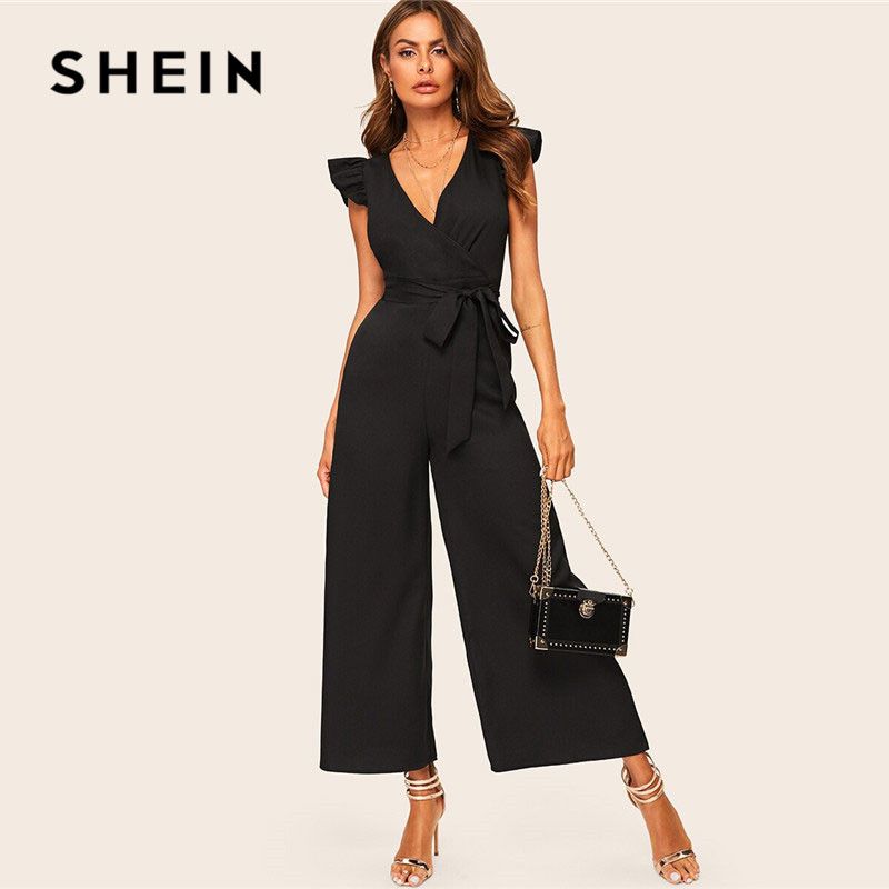 Acquistare Shein Elegante Surplice Wrap Cintura Gamba Larga Nero Tuta Sexy  Delle Donne Profondo Scollo A V Estate Tuta Magro Ruffle Trim Economico |  Consegna Veloce E Qualità | It.Dhgate