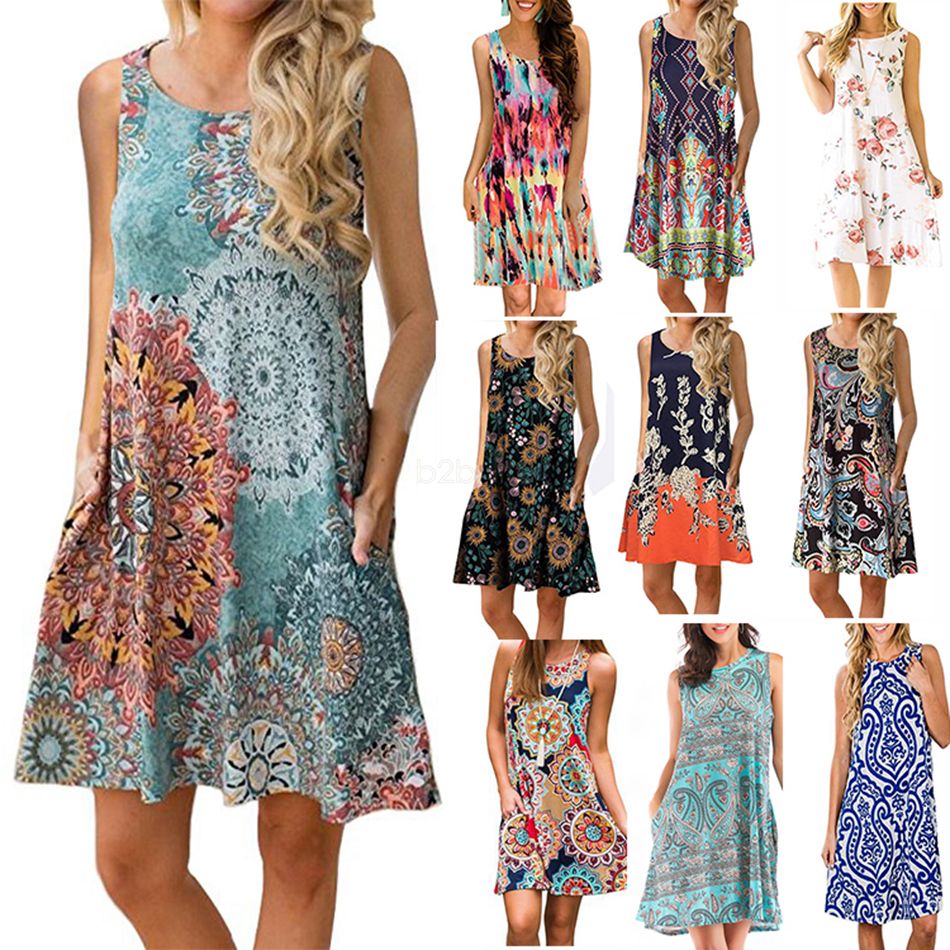 Hotkey Women Dresses Vintage Bohe O Neck Maxi Dress Sleeveless Casual Loose Summer Swing Tunic Tank Dress with Pocket