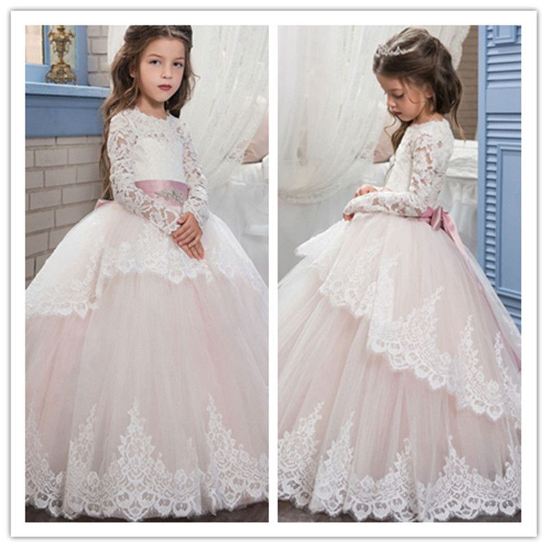 Long Sleeve Princess Flower Girl Dresses Lace with Bow Kids Birthday Bridesmaids