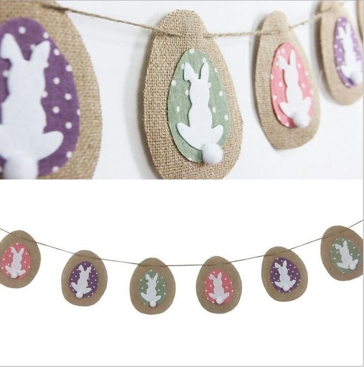 2019 Funny Easter Bunting Banner Flag White Rabbits Dots Linen