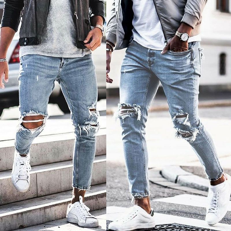 Agujeros largos Diseñador Jeans para hombre Cintura media Washed Zipper para hombre Jeans delgado