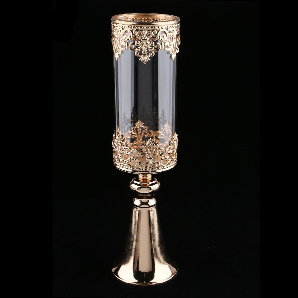Antique Gold Metal Pedestal Candle Holder With Glass Hurricane