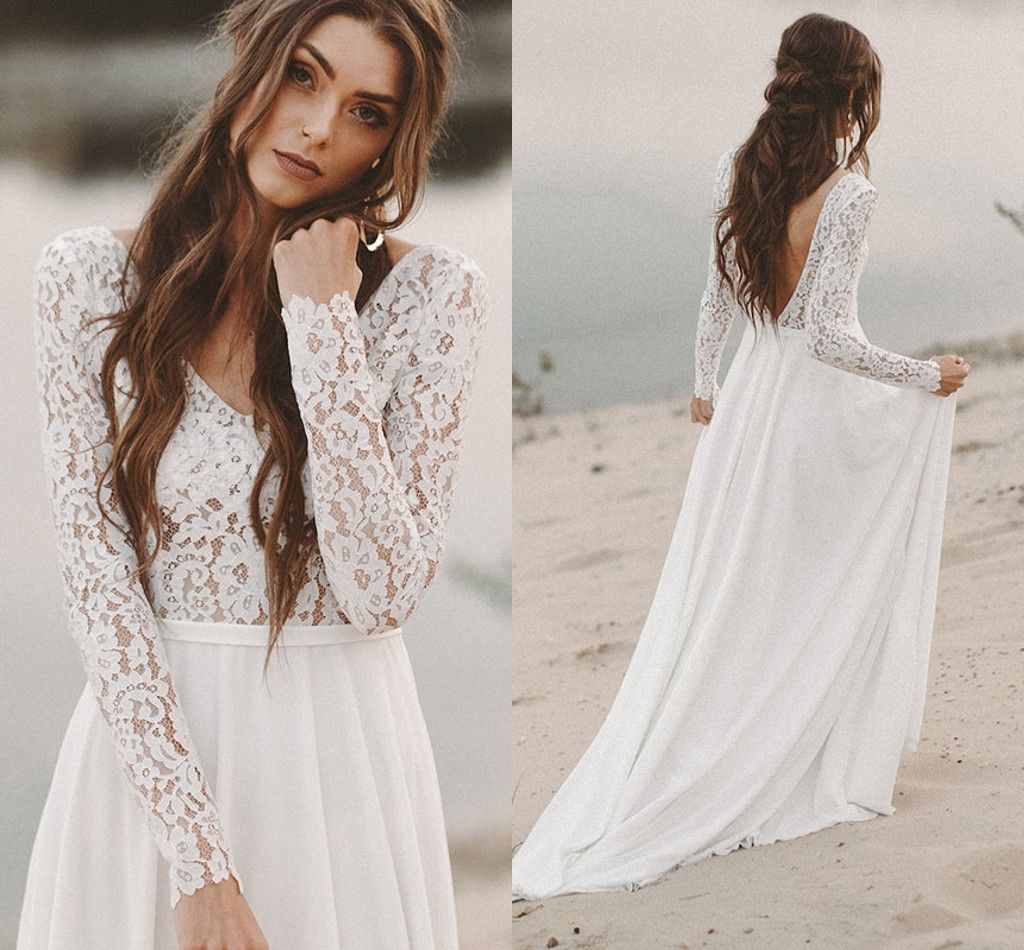 Illusion de manga larga playa vestidos de novia do novia encaje gasa v-cuello vestido de invitado de boda sin respaldo vestido de fiesta para