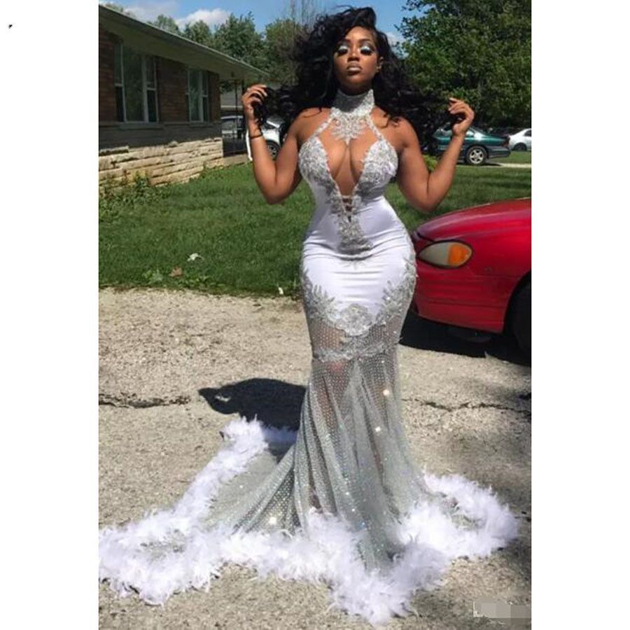 Long Elegant Prom Dresses 2020 Mermaid Glitter Feathers African