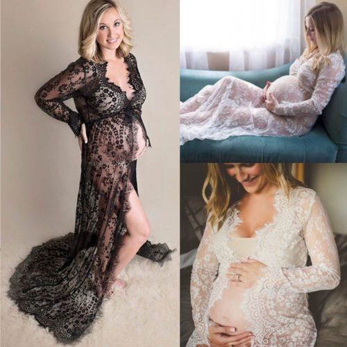 Womens Maternity Lace Side Split Maxi Long Mesh Dress Pregnant Photography Props