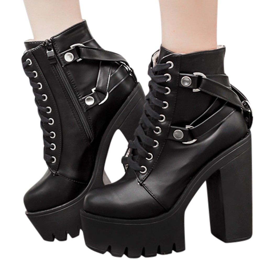 Botas de las mujeres de tacón alto Zapatos botines para arriba gótico cordón de cuero
