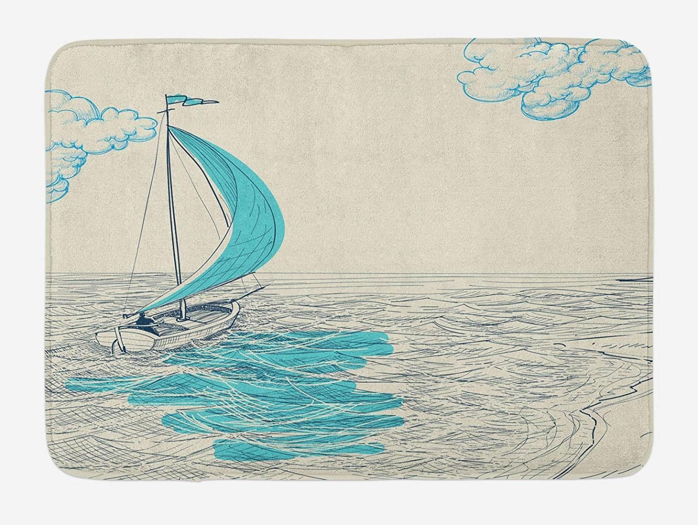 Nautical Doormat Sailing Boat Reflection Cloudy Sky Sandy Seaside Shoreline Hobby Water Sports Home Decor Door Floor Mat Rugs Outdoor Chair