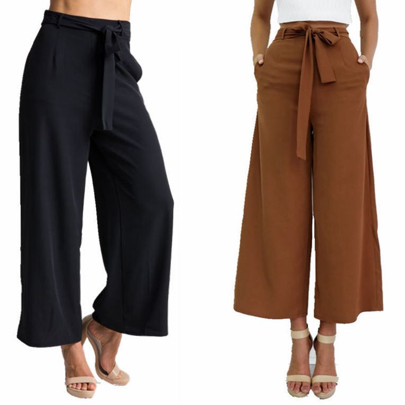 Compra 2017 Pantalones Nuevos Capris Para Mujer Pantalones Casuales Cintura  Ancha Ancho Pierna Puños Acampanados Con Cintura En Negro Marrón S XL  Disponible Barato | Entrega Rápida Y Calidad | Es.Dhgate