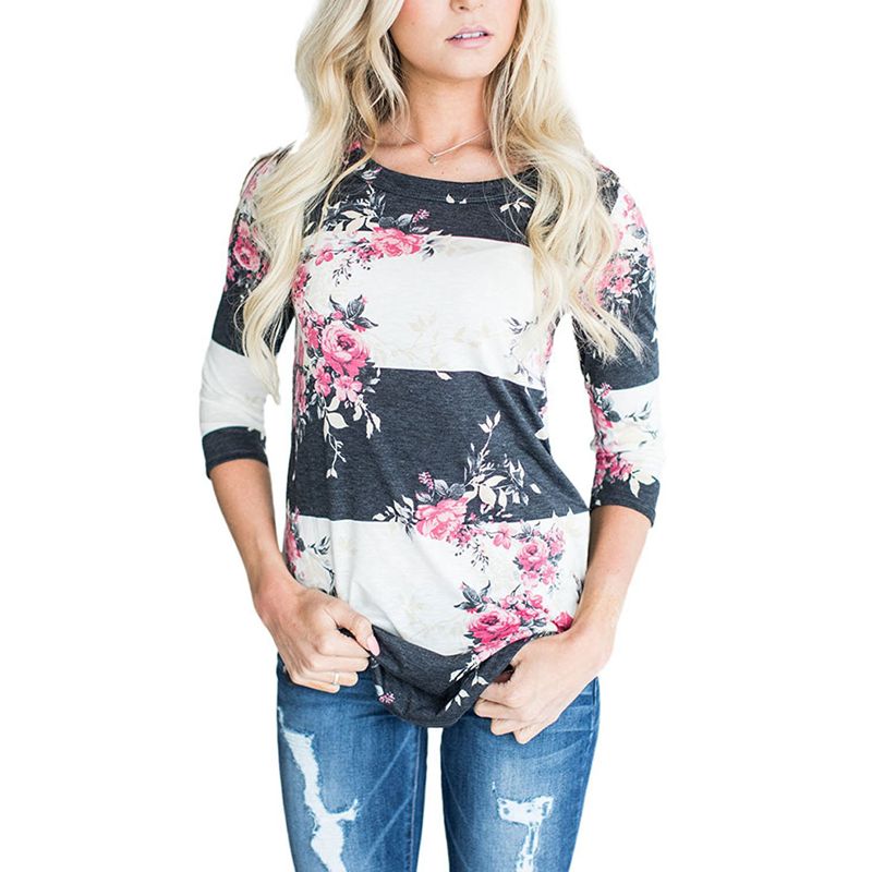 Women Fashion Casual Floral Printed Tops Loose V Neck Polka Dot Bubble Long Sleeve Shirt