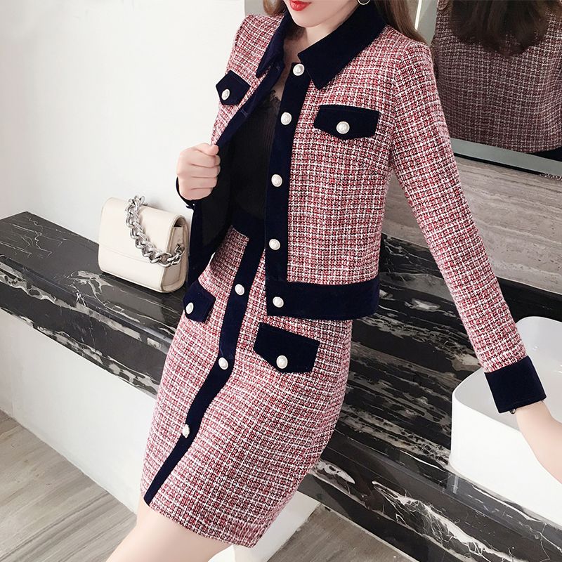 Winter Women Tweed Vintage Two Piece Skirt Suits Sets Buttons Coat