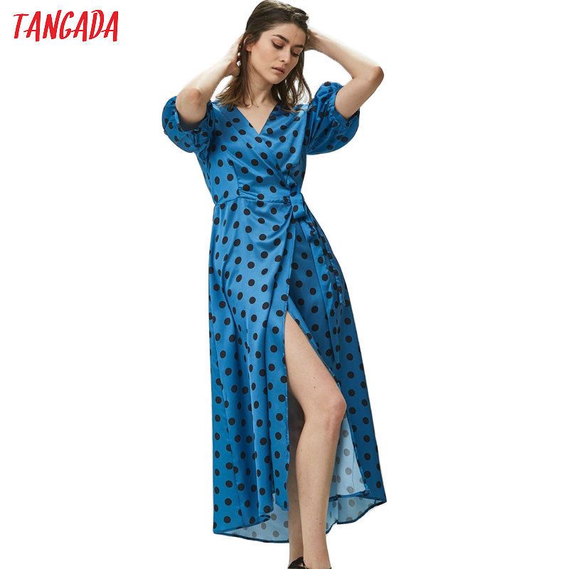 Compra Tangada Vestido Cruzado De Mujer Con Estampado De Puntos Afilado  Coreano Elegante Corte En V Lado De Verano Abierto Azul Vestidos A Media  Pierna Sl124 Y19071101 Barato | Entrega Rápida Y