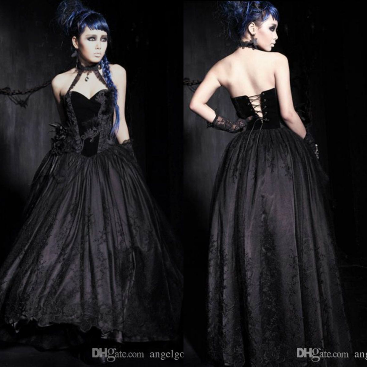 Discount 2019 Black Gothic Wedding Dresses Sexy Halter