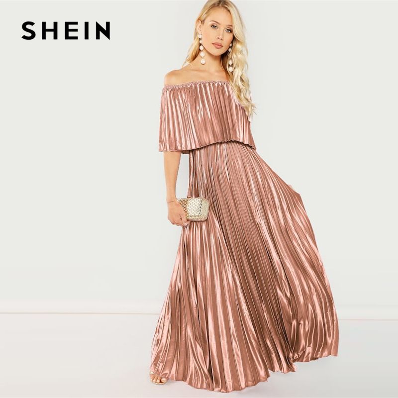 pleated off shoulder maxi dress
