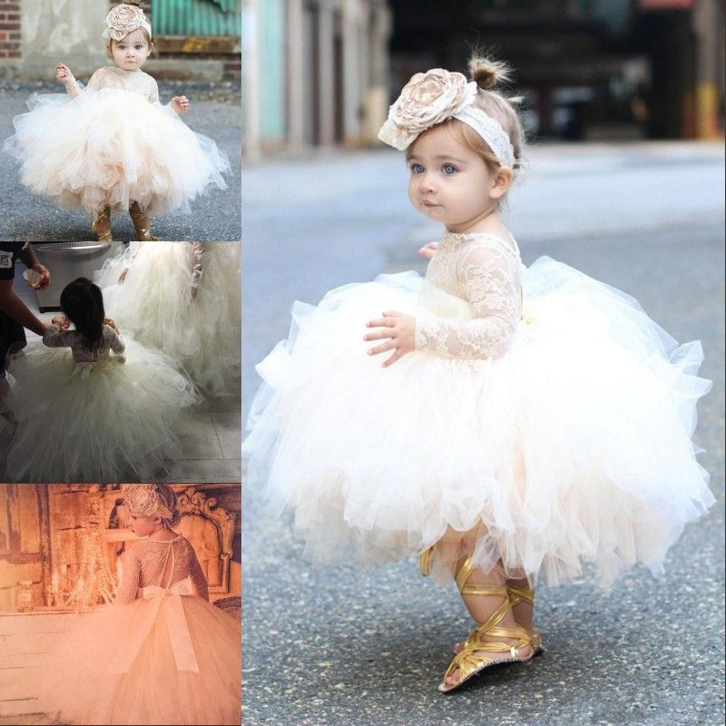 Baby Toddler Flower Girl Dresses For Wedding Long Sleeve Lace Tulle
