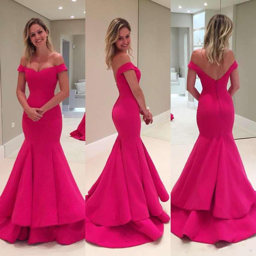 Compra 2020 Fucsia Elegante Sirena Vestidos De Baile Del Hombro Simple Con  Pliegues De Satén Atractivo Largo Backless Barrer Tren Vestidos De Noche  Barato | Entrega Rápida Y Calidad | Es.Dhgate